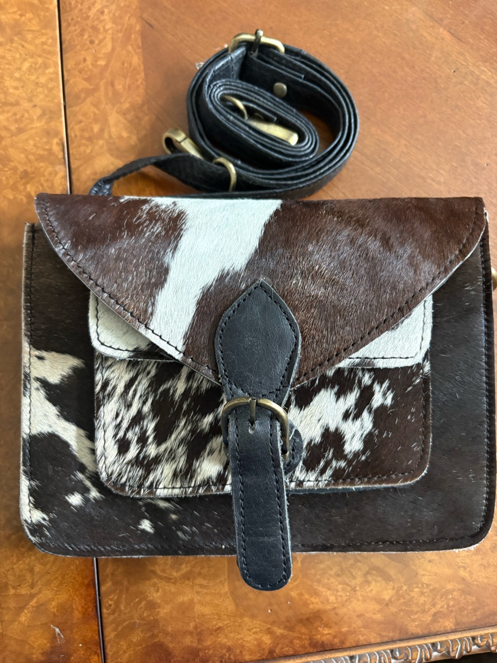 Cowhide Crossbody Bag in Brown & White